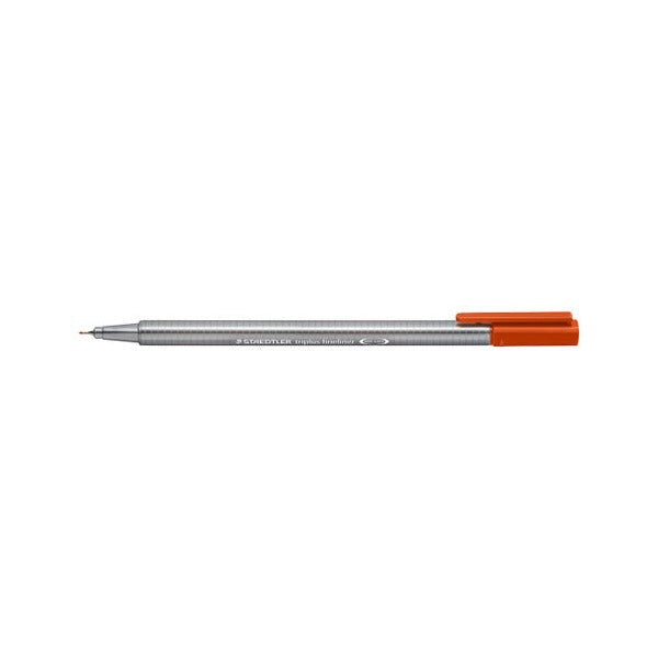 Staedtler triplus fineliner 334-48 in kalahari orange with the cap posted on the end and the fine metal-clad tip showing