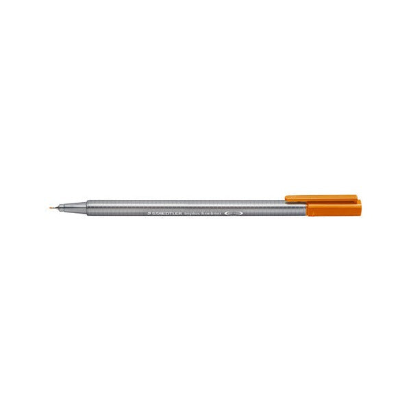 Staedtler triplus fineliner 334-7 in light brown with the cap posted on the end and the fine metal-clad tip showing