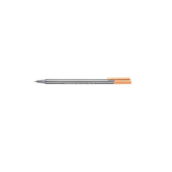 Light orange triplus fineliner with the cap on, shown in the earlier grey triangular barrel with a pale orange cap