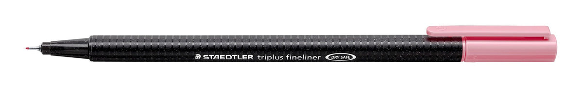 Staedtler triplus fineliner colour 21 light rose, open with the cap posted, current black barrel printed STAEDTLER triplus fineliner DRY SAFE