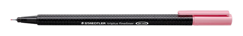 Staedtler triplus fineliner colour 21 light rose, open with the cap posted, current black barrel printed STAEDTLER triplus fineliner DRY SAFE