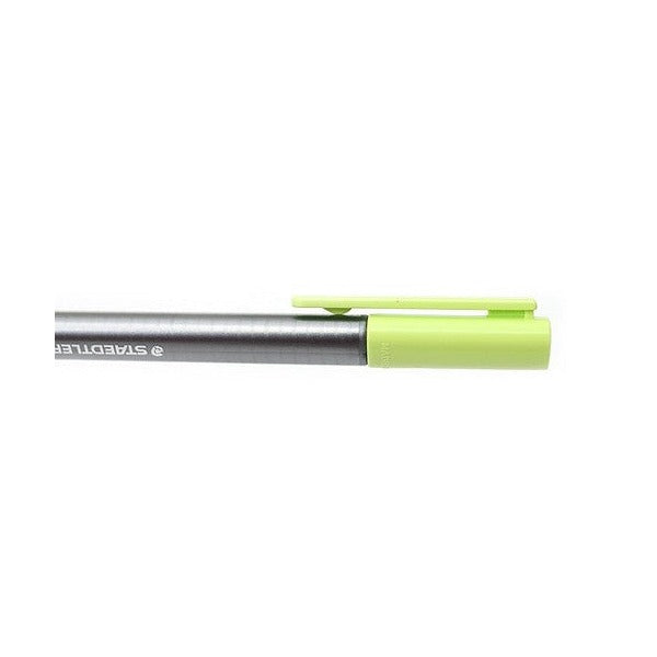 Close-up of the capped end of an earlier silver barrel triplus fineliner with its lime green cap and clip