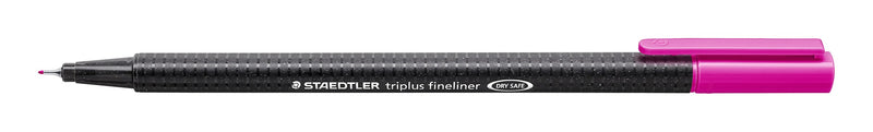 Staedtler image of the triplus fineliner 334-20 in magenta, cap posted on the end, dark speckled triangular barrel printed STAEDTLER triplus fineliner DRY SAFE