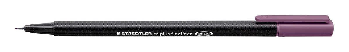 Staedtler triplus fineliner mauve 334-260 with the cap posted, current black triangular barrel printed STAEDTLER triplus fineliner DRY SAFE