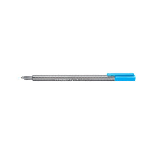Neon blue triplus fineliner with its cap posted on the end, superfine metal-clad tip visible on the earlier grey barrel