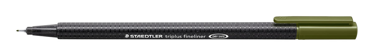 Staedtler image of the triplus fineliner 334-57 in olive green, cap posted on the end, dark speckled triangular barrel printed STAEDTLER triplus fineliner DRY SAFE