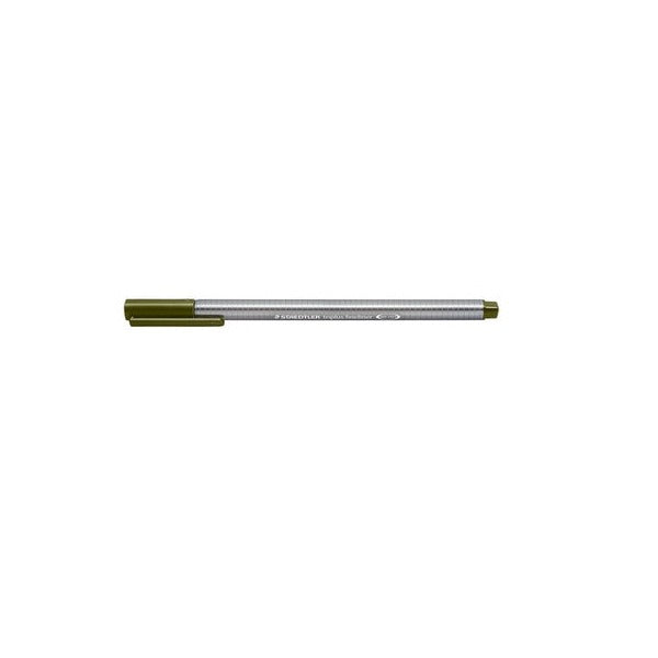 Earlier triplus fineliner design with a silver grey triangular barrel and olive green cap, shown capped on a white background