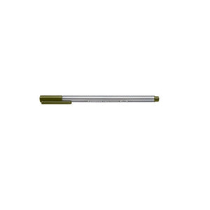 Earlier triplus fineliner design with a silver grey triangular barrel and olive green cap, shown capped on a white background