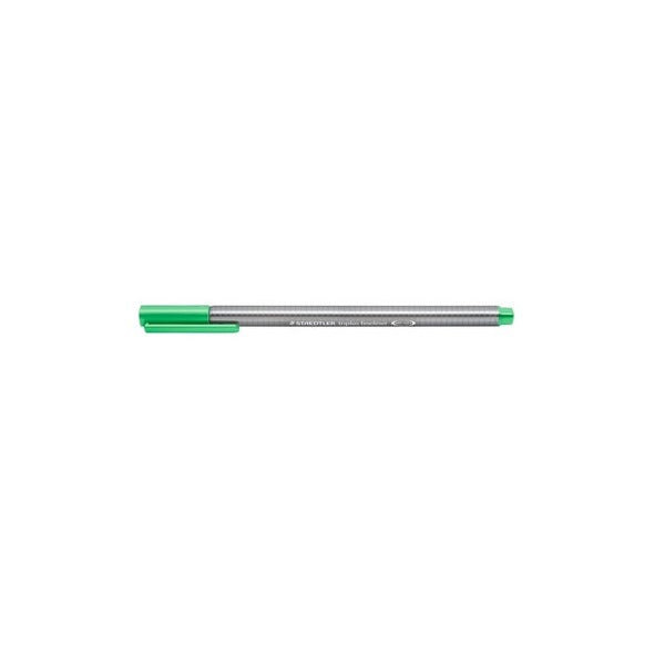 Earlier triplus fineliner design with a silver grey triangular barrel and pale green cap, shown capped on a white background