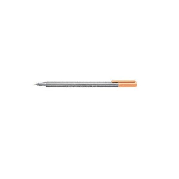 Earlier triplus fineliner design with a silver grey triangular barrel and peach cap, shown capped on a white background