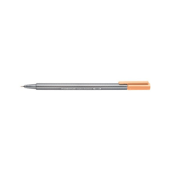 Earlier silver barrel version of the peach triplus fineliner with the cap posted, showing the long slim metal-clad tip