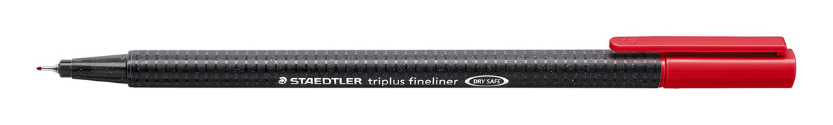 Staedtler image of the triplus fineliner 334-2 in red, cap posted on the end, dark speckled triangular barrel printed STAEDTLER triplus fineliner DRY SAFE