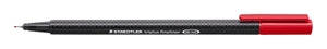 Staedtler image of the triplus fineliner 334-2 in red, cap posted on the end, dark speckled triangular barrel printed STAEDTLER triplus fineliner DRY SAFE