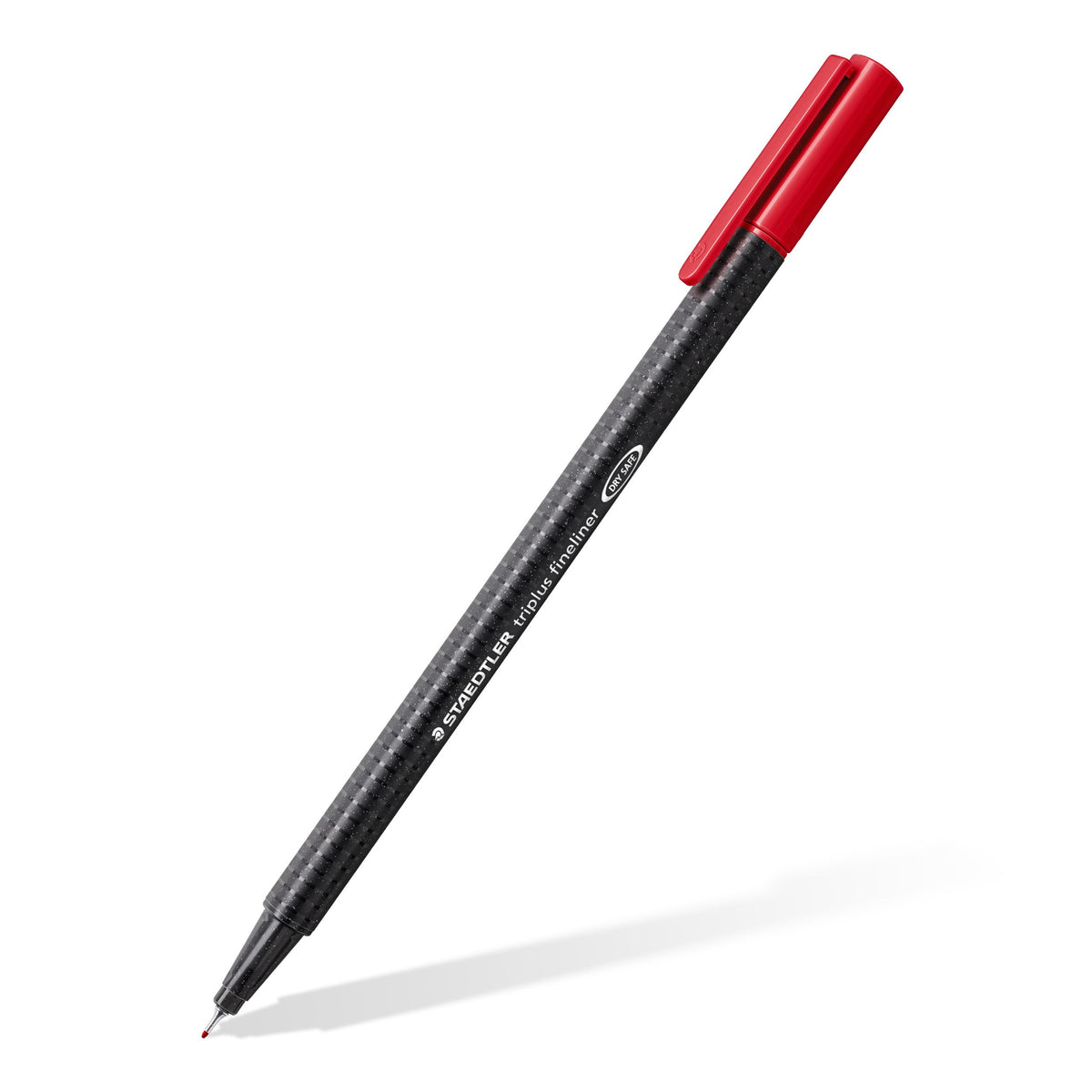Staedtler image of the red triplus fineliner 334-2 standing at an angle, capped, showing the triangular speckled barrel