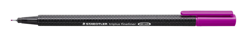Staedtler image of the triplus fineliner 334-61 in red violet, cap posted on the end, dark speckled triangular barrel printed STAEDTLER triplus fineliner DRY SAFE