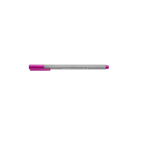 Earlier triplus fineliner design with a silver grey triangular barrel and red violet cap, shown capped on a white background