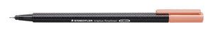 Staedtler image of the triplus fineliner 334-222 in salmon, cap posted on the end, dark speckled triangular barrel printed STAEDTLER triplus fineliner DRY SAFE