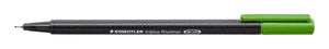 Staedtler image of the triplus fineliner 334-52 in sap green, cap posted on the end, dark speckled triangular barrel printed STAEDTLER triplus fineliner DRY SAFE