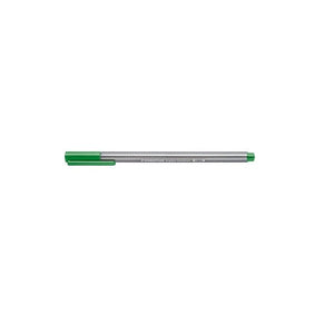 Earlier triplus fineliner design with a silver grey triangular barrel and sap green cap, shown capped on a white background