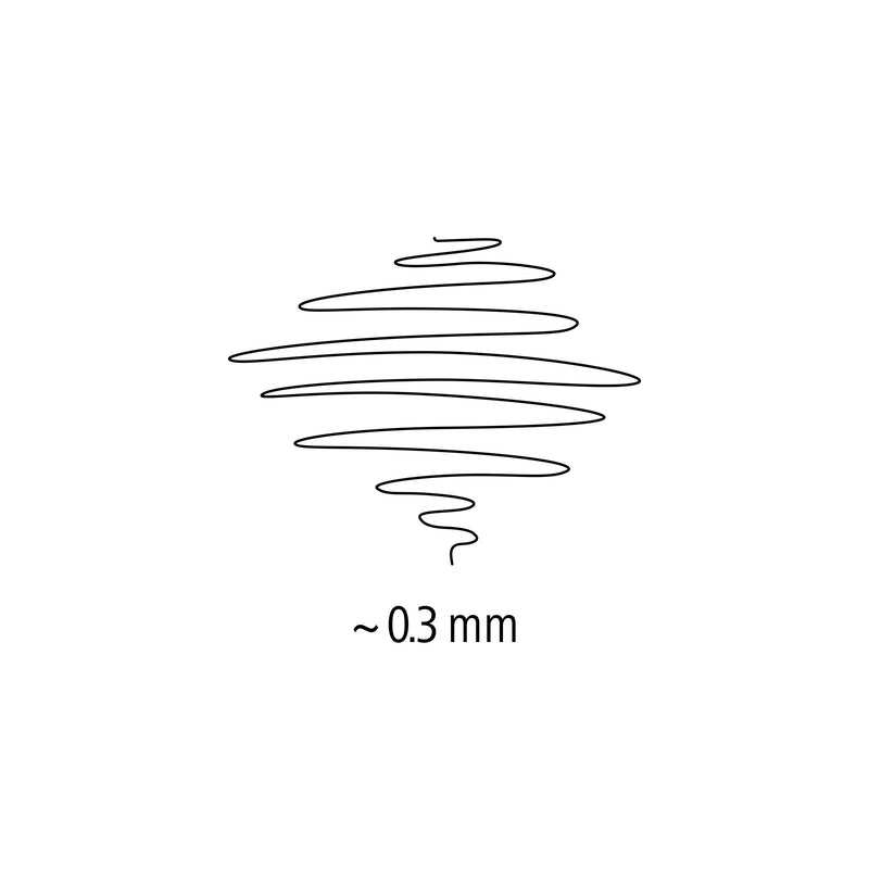 Staedtler line width graphic for the triplus fineliner: a looping black scribble above the label approx 0.3 mm