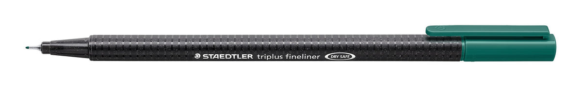 The sea green triplus fineliner 334-38 with the cap posted on the end, showing the fine metal-clad tip and the black speckled barrel