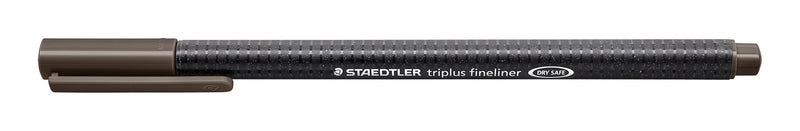 Staedtler triplus fineliner 334-77 in tobacco brown, capped, current black speckled triangular barrel printed STAEDTLER triplus fineliner DRY SAFE