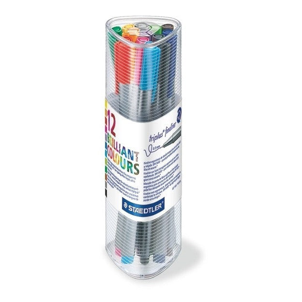 Earlier Staedtler triplus fineliner tub of 12: clear triangular case with a 12 BRILLIANT COLOURS sleeve and coloured caps showing at the top