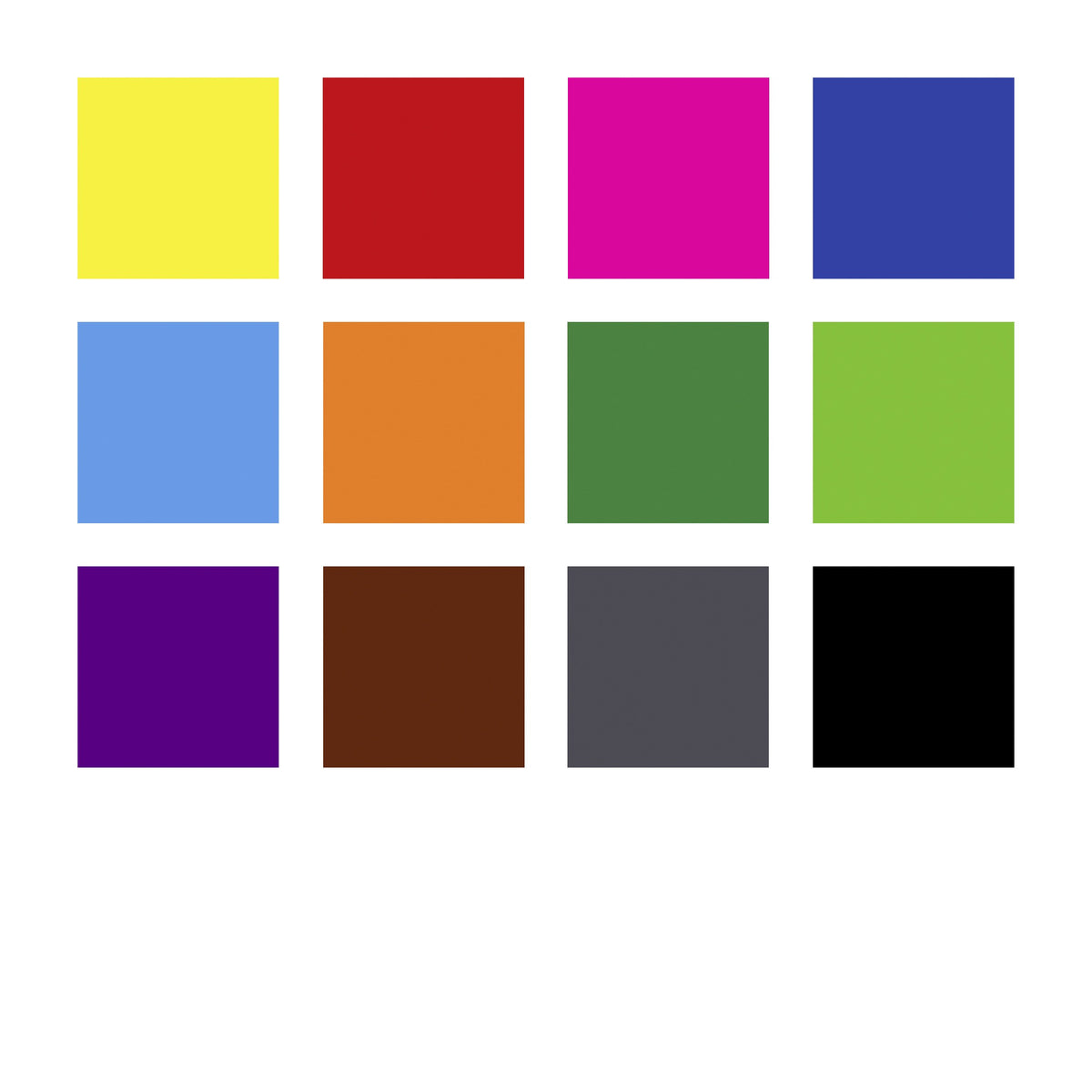 Staedtler colour chart for the 334 PR12 tub: twelve squares from yellow, red, magenta and blue through greens, violet, brown, grey and black