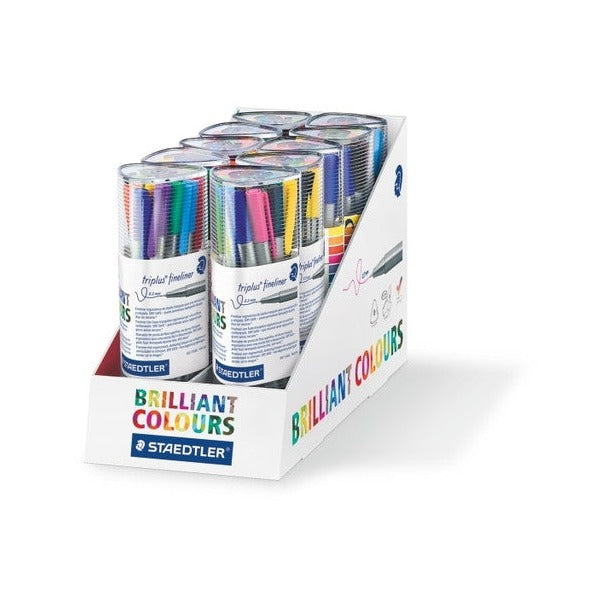 Retail counter display holding several triplus fineliner tubs, shown for context only; one tub is supplied with this listing