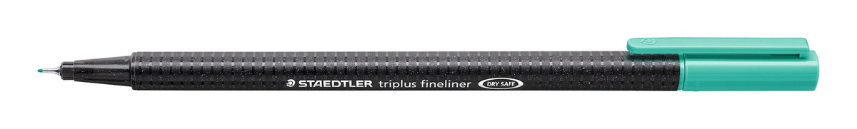 The turquoise triplus fineliner 334-54 with the cap posted on the end, showing the fine metal-clad tip and the black speckled barrel