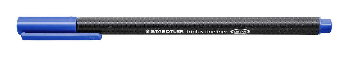 Staedtler triplus fineliner 334-37 in ultramarine blue, capped, current black speckled triangular barrel printed STAEDTLER triplus fineliner DRY SAFE