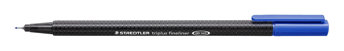 The ultramarine blue triplus fineliner 334-37 with the cap posted on the end, showing the fine metal-clad tip and the black speckled barrel