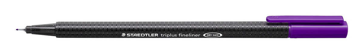 The violet triplus fineliner 334-6 with the cap posted on the end, showing the fine metal-clad tip and the black speckled barrel