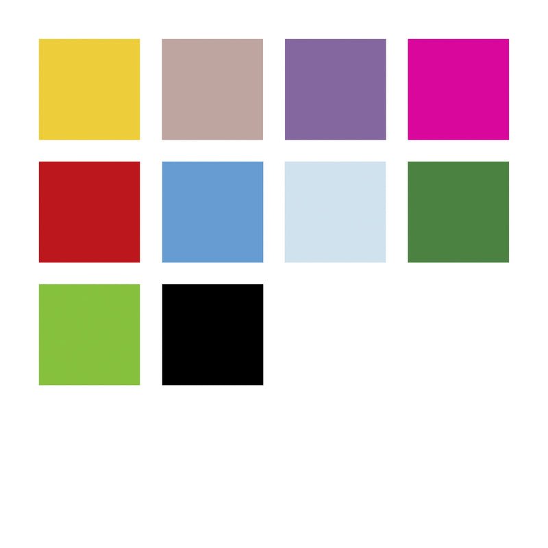 Staedtler colour chart for the current 334 SB10 wallet: ten squares in yellow, dusty pink, lilac, magenta, red, two blues, green, light green and black