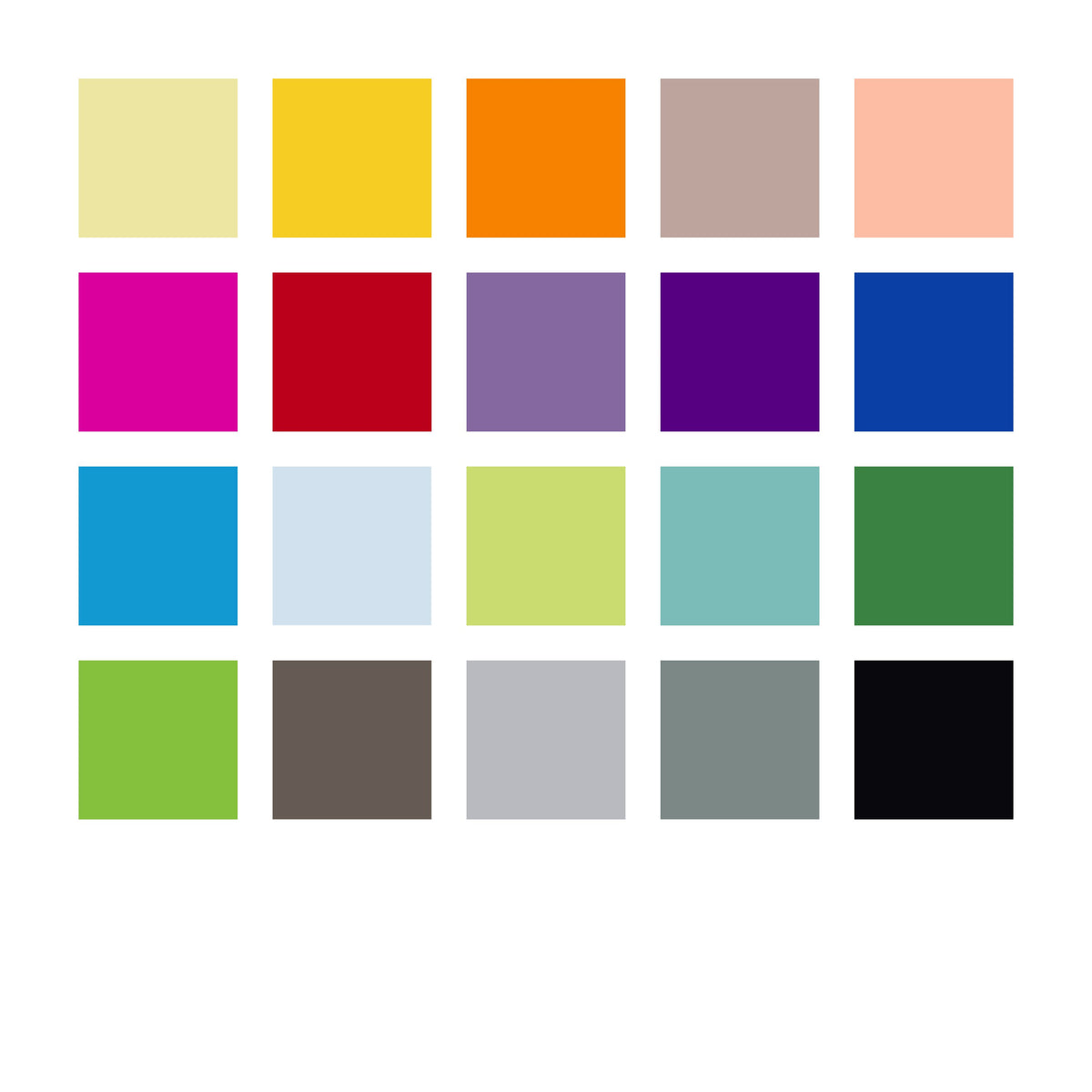 Staedtler colour chart for the current 334 SB20 wallet: twenty squares from vanilla and yellows through pinks, purples, blues, greens, greys and black