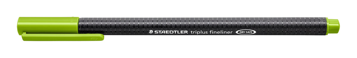 Staedtler triplus fineliner 334-51 in willow green, capped, current black speckled triangular barrel printed STAEDTLER triplus fineliner DRY SAFE