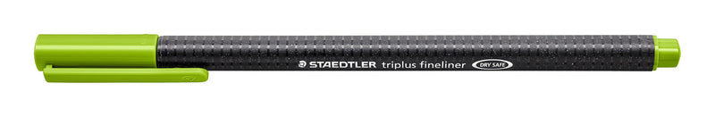 Staedtler triplus fineliner 334-51 in willow green, capped, current black speckled triangular barrel printed STAEDTLER triplus fineliner DRY SAFE