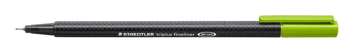 The willow green triplus fineliner 334-51 with the cap posted on the end, showing the fine metal-clad tip and the black speckled barrel