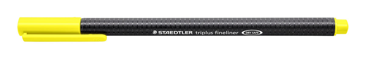 Staedtler triplus fineliner 334-1 in yellow, capped, current black speckled triangular barrel printed STAEDTLER triplus fineliner DRY SAFE