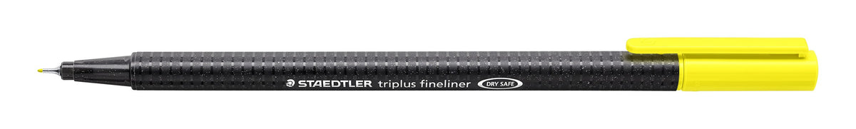 The yellow triplus fineliner 334-1 with the cap posted on the end, showing the fine metal-clad tip and the black speckled barrel
