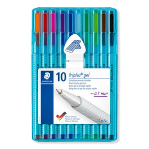 Staedtler triplus gel 462 SB10 turquoise box of 10 standing upright, sleeve printed quick-drying gel pens, approx. 0.7 mm and Made in Germany