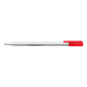 Staedtler triplus gel 462-2 style pen with a red cap, red clip and red end on a silver triangular barrel, shown horizontally
