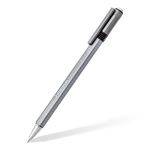 Staedtler triplus micro 774 mechanical pencil shown diagonally: grey triangular barrel with a fine textured finish, grey clip, black ribbed band and chrome tip