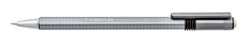 Side view of the triplus micro 0.5mm with the barrel imprint STAEDTLER triplus micro 0.5 mm in white and a grey clip at the top end