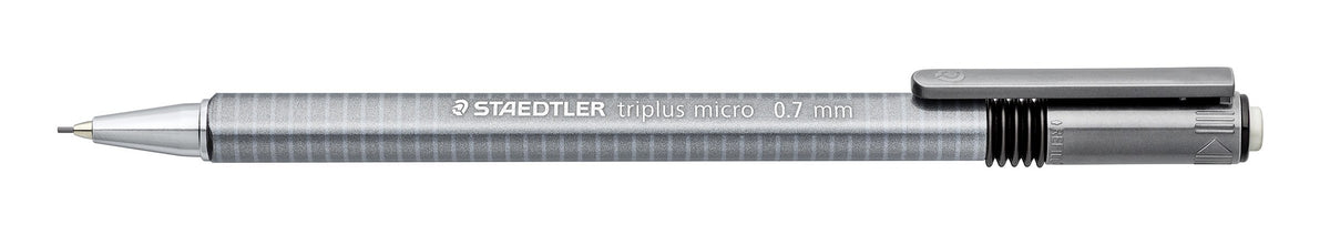 Triplus micro 774 27 side view, white barrel print STAEDTLER triplus micro 0.7 mm along the grey barrel, clip at the right
