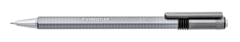 Triplus micro 774 27 side view, white barrel print STAEDTLER triplus micro 0.7 mm along the grey barrel, clip at the right