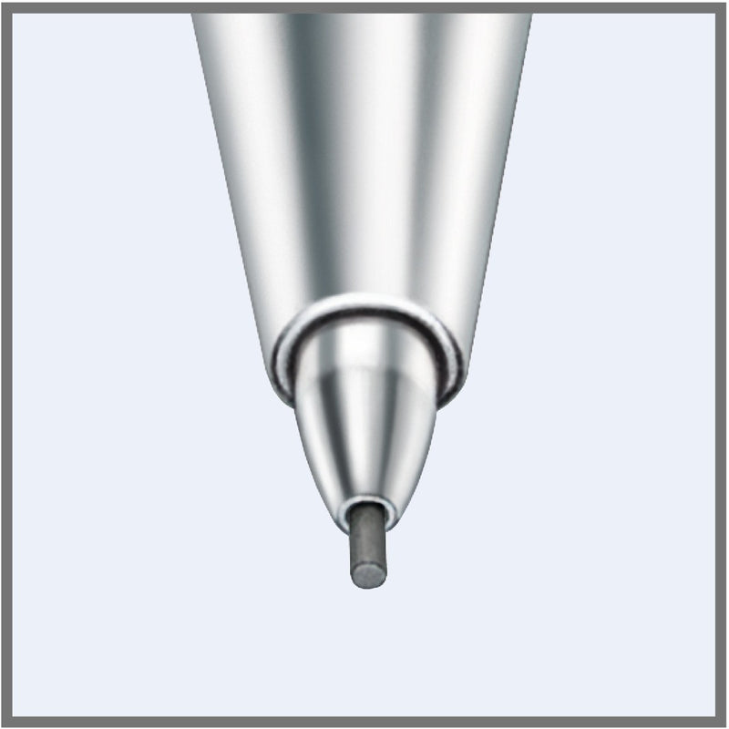Drawing of the metal tip and narrow lead sleeve of the triplus micro range with lead extended, pale blue background