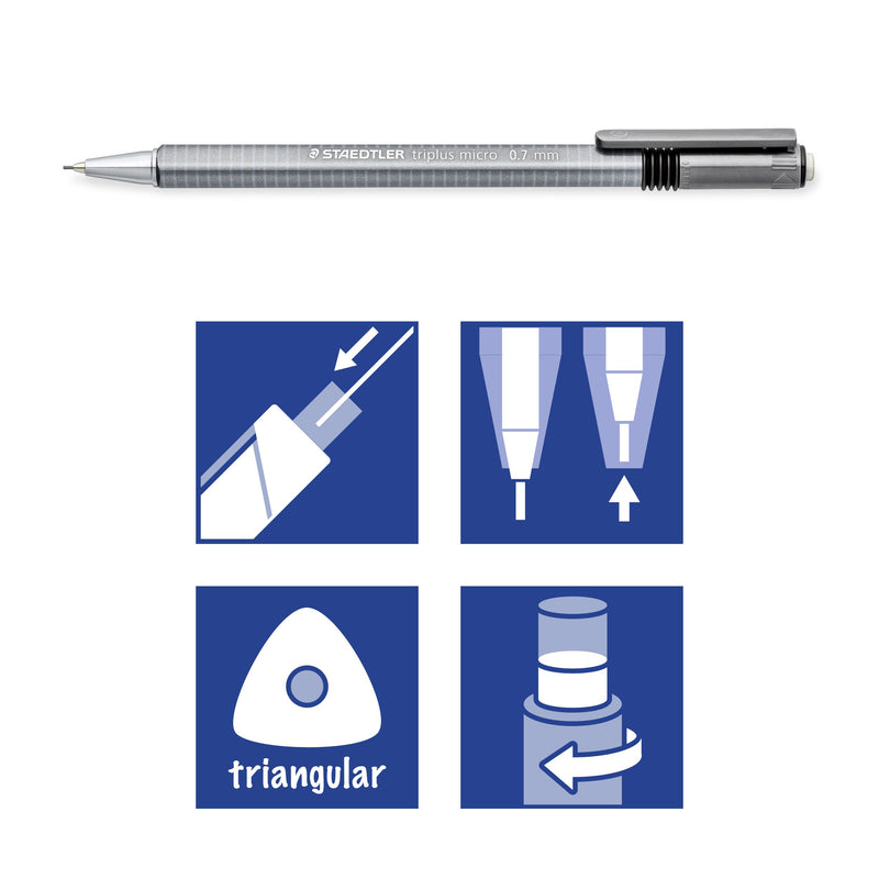 Four Staedtler pictograms below a triplus micro pencil: sliding lead sleeve, retractable sleeve, triangular grip and twist eraser