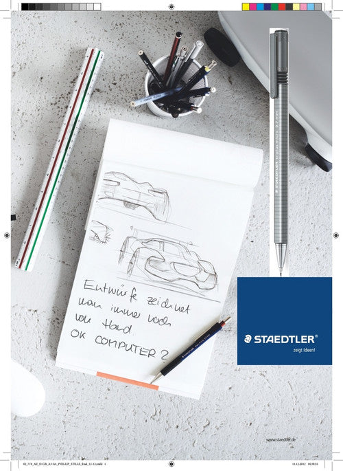 Staedtler advertisement print with crop marks showing a grey triplus micro pencil next to a sketch pad of cars, a ruler and a pen pot