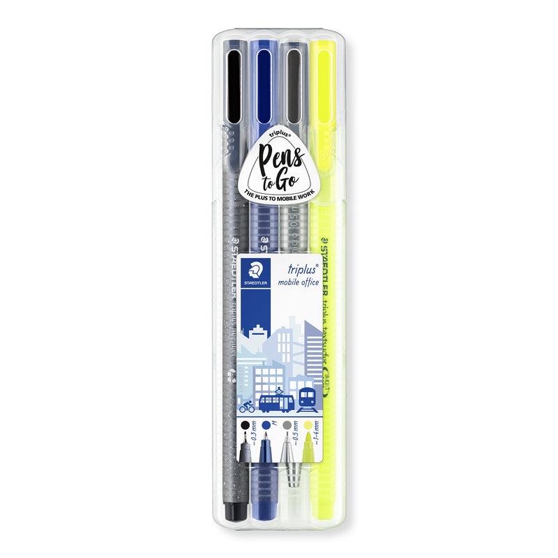 Staedtler triplus mobile office box closed, printed Pens to Go, with fineliner, ballpoint, micro pencil and Textsurfer and their line widths